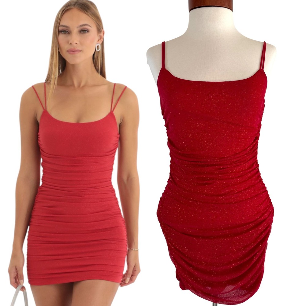 Lucy in the Sky‎ Red Shimmer Ruched Bodycon Mini Dress Small Dark Feminine Party